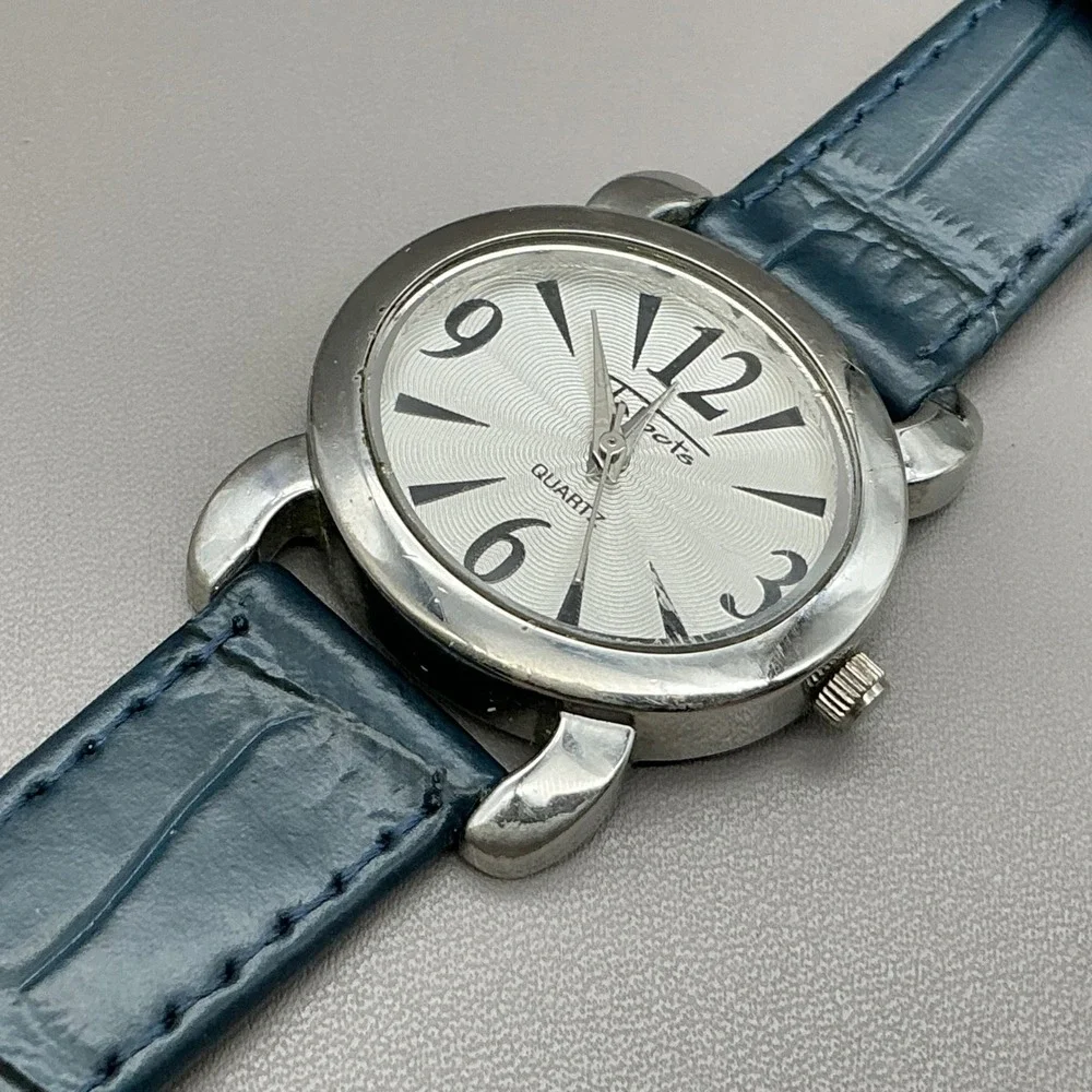 Talbots Watch Women Silver Tone Blue Leather Band Analog Quartz NEW BATTERY